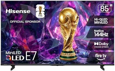 Hisense 85" E7 Cinema Series Hi-QLED Mini-LED 4K UHD Smart Fire TV (85E7SF, 2026 NEW) - Native 144Hz, AI Picture, Dolby Vision IQ · Atmos, FALD, HDR10+ Adaptive, MEMC, Alexa+